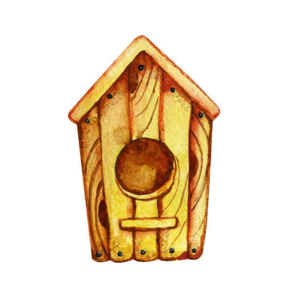 holz vogelhaus, haus für tiere. hand nahaufnahme aquarell illustration isoliert auf weißem hintergrund. das konzept des frühlings, tierschutz. - birdhouse animal nest house residential structure stock-grafiken, -clipart, -cartoons und -symbole