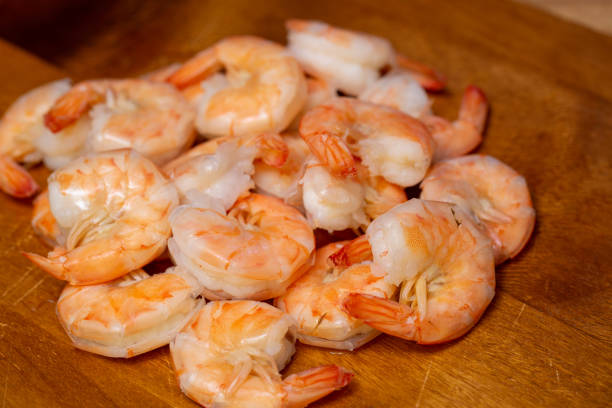 istock Steamed Shrimp on a wood 1208601378
