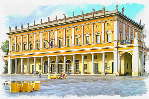 Reggio Emilia city. Municipal Theatre, named Romolo Valli at Martyrs Square. Oil paint on canvas. Picture with photo, imitation of painting. Rendering