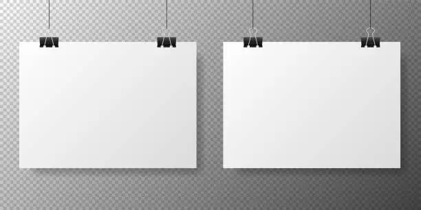Vector illustration of Blank white poster template on transparent with gradient background. Poster, paper sheet hanging on a clip. Two gorizontal realistic objects on image. Vector