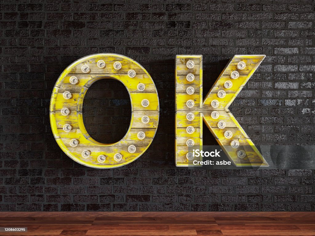 OK Light Bulb Sing on Black Brick Wall OK Light Bulb Sing on Black Brick Wall. 3d Render Logo Stock Photo