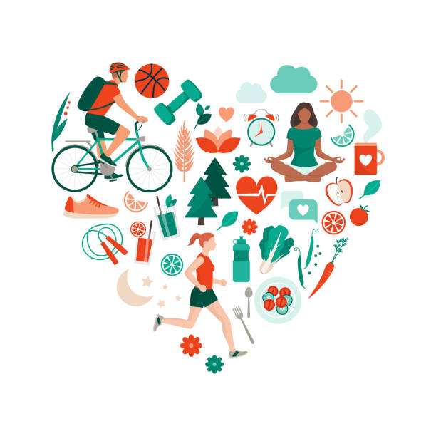 Healthy lifestyle and self-care concept Healthy lifestyle and self-care concept with food, sports and nature icons arranged in a heart shape heart health stock illustrations
