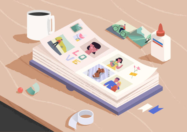 mở sách ảnh trên bàn gỗ. sắp xếp và đính kèm ảnh vào các trang của album nhiếp ảnh. ký ức gia đình. minh họa vector hoạt hình. - keo dán bức ảnh hình minh họa sẵn có
