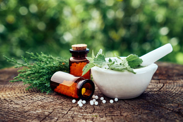 bouteille de globules homéopathiques, mortier d’ortie verte et feuilles de menthe, brindilles de genévrier. remèdes médecine de l’homéopathie. mise au point sélective. - homeopatic medicine photos et images de collection