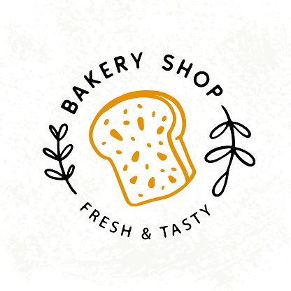 Fresh bread Bakery logotype badge label with hand drawn doodle. Elegant logo emblem, vintage retro style.