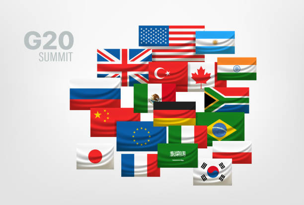 illustrazioni stock, clip art, cartoni animati e icone di tendenza di gruppo og venti. concetto di vertice mondiale del g20. bandiere dei paesi - gruppo dei 20 immagine
