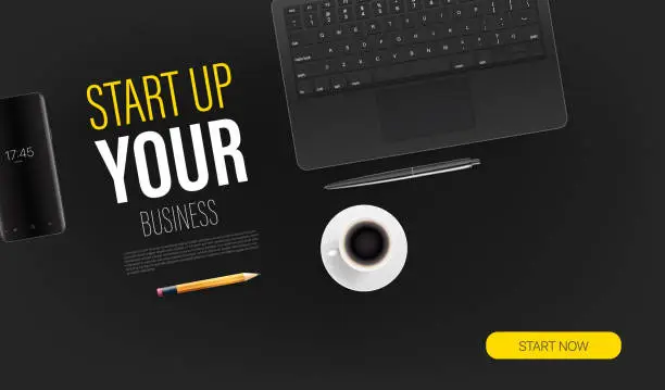 Vector illustration of Start up your business promo landing page template with laptop and sample text. Top view vector layout