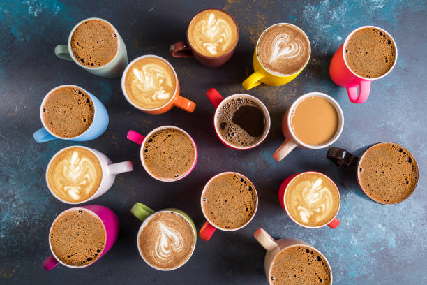 istock Flat lay the set of different types of coffee in mugs. 1208608242