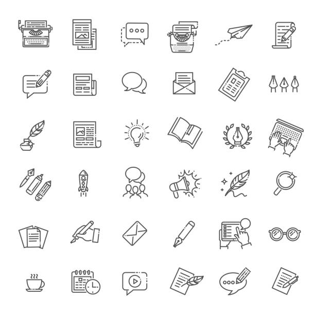 ilustraciones, imágenes clip art, dibujos animados e iconos de stock de conjunto simple de iconos de línea vectorial relacionados con la escritura de copia - director creativo