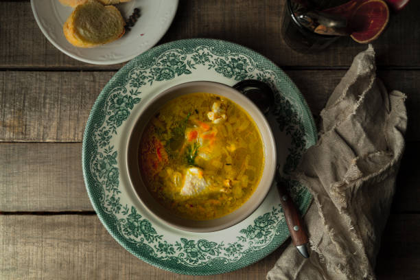istock Homemade chicken pasta soup on wooden rustic background 1208612119