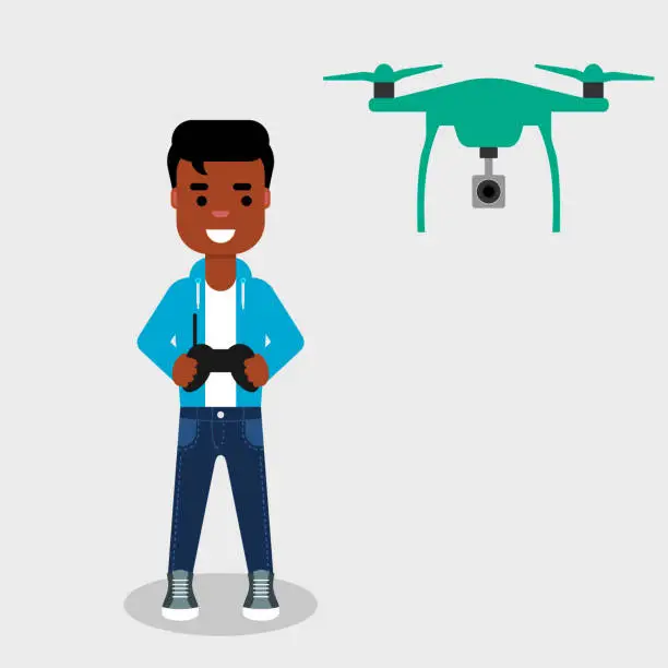 Vector illustration of Young African American man flying drone with remote control.