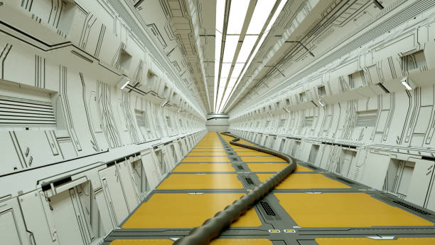 istock 3d render. Futuristic spaceship scifi corridor architecture 1208614443