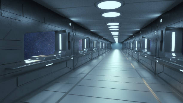 istock 3d render. Futuristic spaceship scifi corridor architecture 1208614662