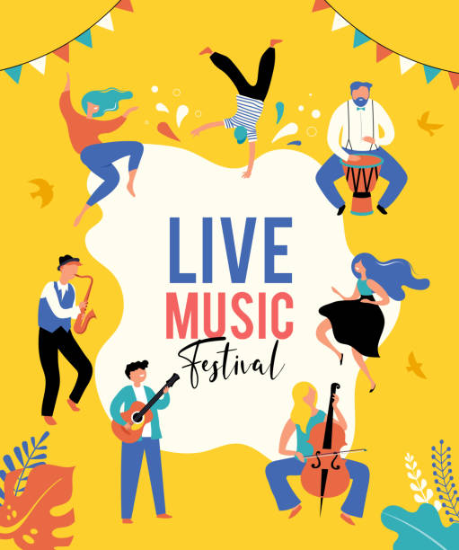 sommerfest, konzept von live-musik-festival, jazz und rock, food street fair, familienfest, event-plakat und banner. die leute tanzen und spielen musik. vektordesign und illustration - musikstil stock-grafiken, -clipart, -cartoons und -symbole