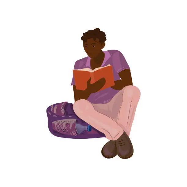 Vector illustration of Cute african student boy reading university book