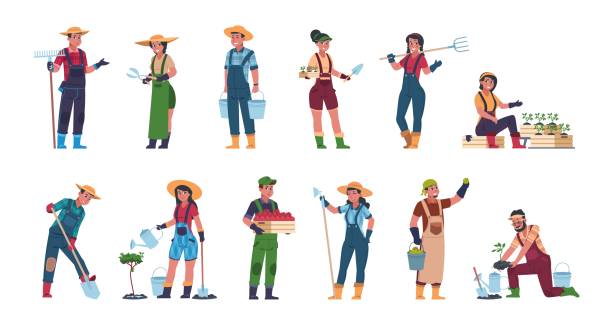 Agricultural workers. Cartoon farmers and harvesting characters, hand drawn rural people with farming equipment. Vector eco concept Agricultural workers. Cartoon farmers and harvesting characters, hand drawn rural people with farming equipment. Vector illustrations eco concept harvesting with gardening fruits and worker person farmer stock illustrations