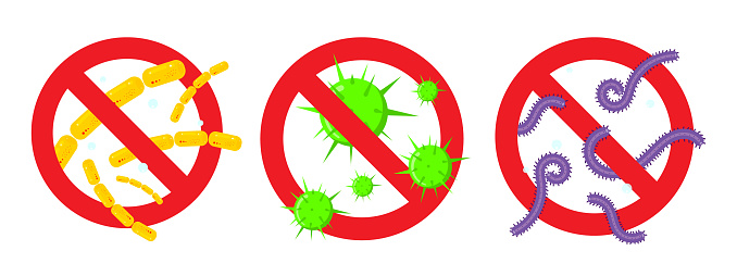 3 stop viruses and bad bacterias or germs prohobition sign. Big viruses or gems in the red stop defence circle flat style design vector illustration isolated on white background.