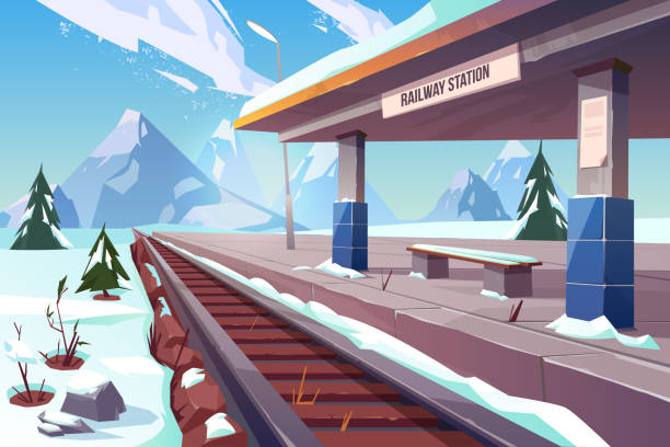 ilustrações, clipart, desenhos animados e ícones de estação ferroviária montanhas paisagem de neve de inverno - bench winter snow mountain
