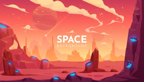 Space background, empty alien fantasy landscape Space background, alien fantasy landscape with rocks and craters with blue liquid inside, orange planet empty surface, cloudy sky and falling comet, computer game backdrop, cartoon vector illustration space invaders game stock illustrations
