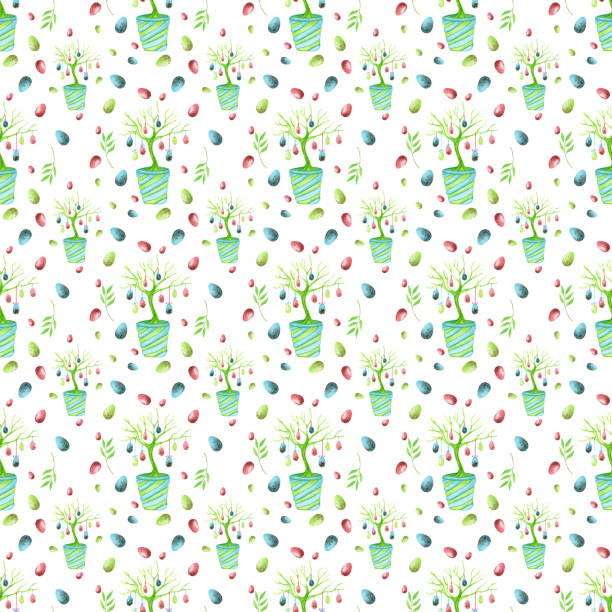 ilustrações de stock, clip art, desenhos animados e ícones de seamless easter pattern with watercolor hand-drawn easter tree and eggs. for wrapping paper, easter background and textille. - easter remote blue cute