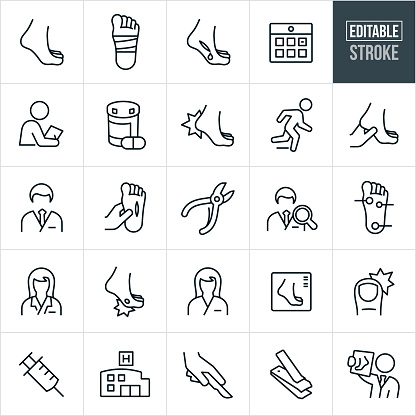 A set of podiatry icons that include editable strokes or outlines using the EPS vector file. The icons include a foot, bandaged foot, injured foot, bleeding foot, medical check-up, doctors appointment, medication, hurt heel, podiatrist, male and female podiatrist, cut on foot, nail clippers, nail scissors, nurse, foot infection, foot x-ray, ingrown toenail, syringe, hospital, surgery and other related icons.
