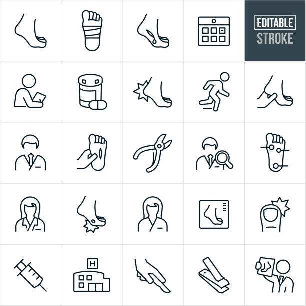 Podiatry Thin Line Icons - Editable Stroke A set of podiatry icons that include editable strokes or outlines using the EPS vector file. The icons include a foot, bandaged foot, injured foot, bleeding foot, medical check-up, doctors appointment, medication, hurt heel, podiatrist, male and female podiatrist, cut on foot, nail clippers, nail scissors, nurse, foot infection, foot x-ray, ingrown toenail, syringe, hospital, surgery and other related icons. human foot stock illustrations
