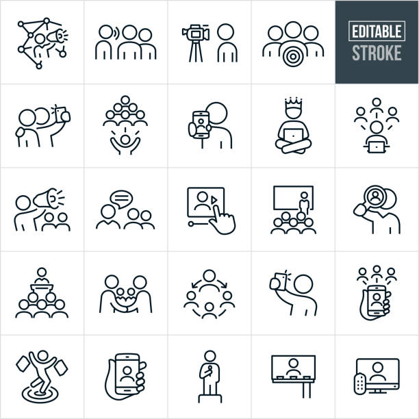 A set of influencer marketing icons that include editable strokes or outlines using the EPS vector file. The icons include influencers, influencer with bullhorn, social medial, word of mouth, influencer taking video of themselves, target audience, fans, customers, selfie, technology, influencer on computer, video, influencer doing a presentation, influencer giving speech, shopper, influencer on a billboard, influencer on the television and other related icons.