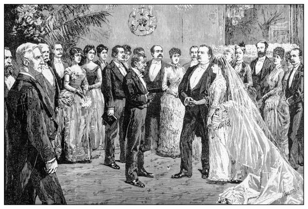 Antique illustration of important people of the past: Grover Cleveland's marriage Antique illustration of important people of the past: Grover Cleveland's marriage grover cleveland stock illustrations