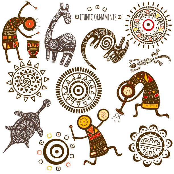 Set of African ethnic patterns Collection of patterns and African ethnic ornaments with animals and dancing musicians of yellow, orange, black and red color. Isolated on white background. EPS8 african musical instrument stock illustrations