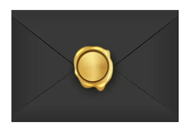 Vector illustration of Realistic closed vintage old aged black letter envelop with round golden wax seal stamp. Paper parchment. Ancient postage symbol collection. Post object isolated on white. Vector illustration.