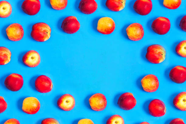 istock Peaches and nectarines background, top view. Fresh peaches on a blue background with copy space. 1208624080