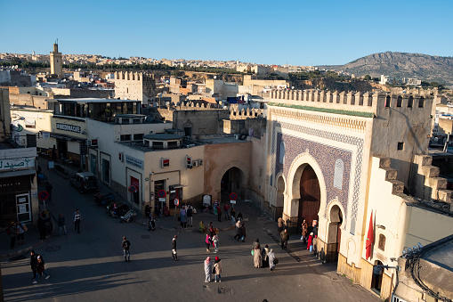 Fes, morocco - january 15 2020: Overview to the entrance of the medina at the blue gate