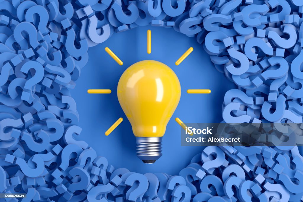 Question marks and light bulb New ideas concept. 3d illustration. Learning Stock Photo