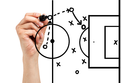Coach drawing football or soccer game playbook, strategy and tactics with black marker on white background.