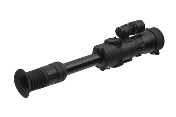 istock modern black optical scope for weapon isolated on white. sight scope isolated on white background 1208627303