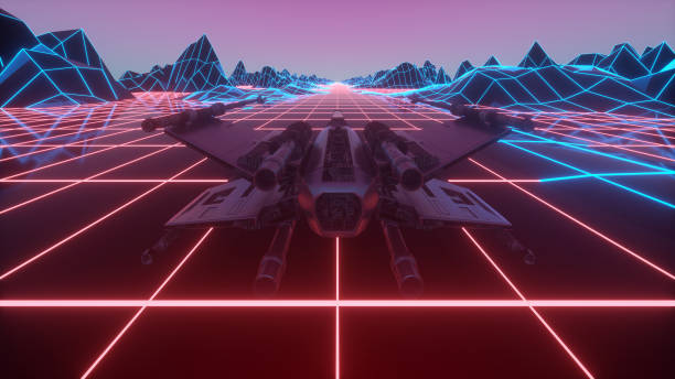 istock Futuristic spaceship flying through space. Retro futuristic 80's style spacecraft. 3d rendering 1208627915