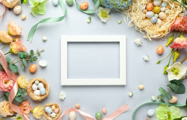 istock Happy Easter concept with easter eggs in nest and spring flowers. 1208631032