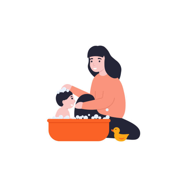 концепция мама купает своего ребенка - tyke stock illustrations