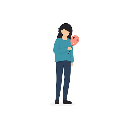 Woman  covering her face with mask expressing positive emotion. Girl hide her true emotional pain and feeling from society. Flat vector cartoon illustration.