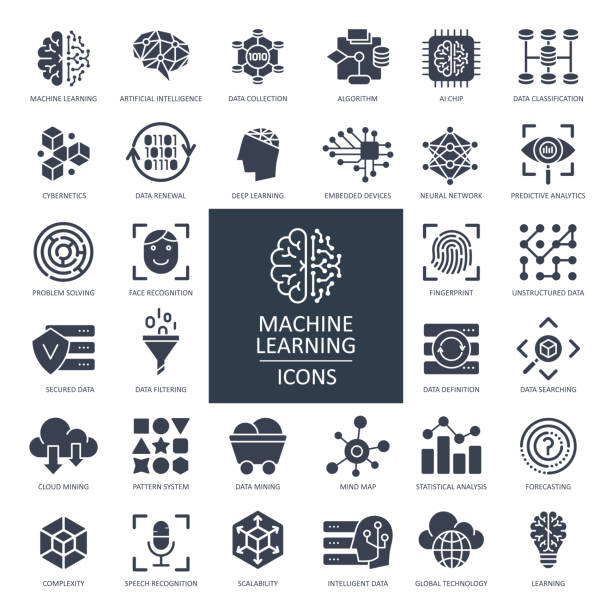 Machine Learning Glyph Icons - Vector Machine Learning Glyph Icons - Vector Illustration data icons solid stock illustrations