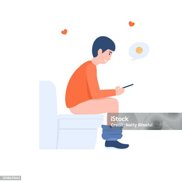 Gelukkige Kerel Zit Op Het Toilet Met Telefoon Stockvectorkunst en meer beelden van Toilet - Toilet, Eén persoon, Mensen