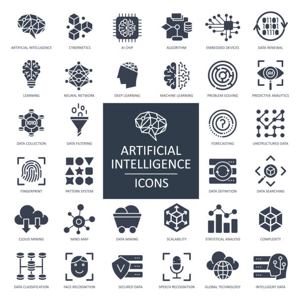 Artificial Intelligence Glyph Icons - Vector Artificial Intelligence Glyph Icons - Vector Illustration data icons solid stock illustrations