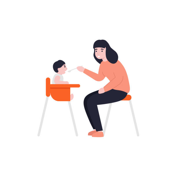 ilustrações, clipart, desenhos animados e ícones de mãe alimentando seu bebê pouco usar colher sentado na cadeira crianças - high chair