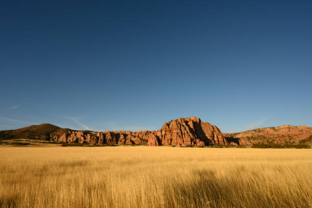 istock Dry Grassy Field And Red Rocks At Sunset 1208634846