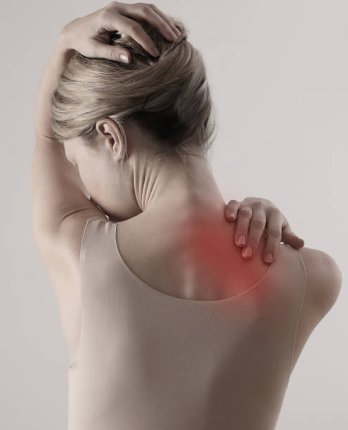 istock Woman with back and neck pain. Forward Head Posture 1208634847