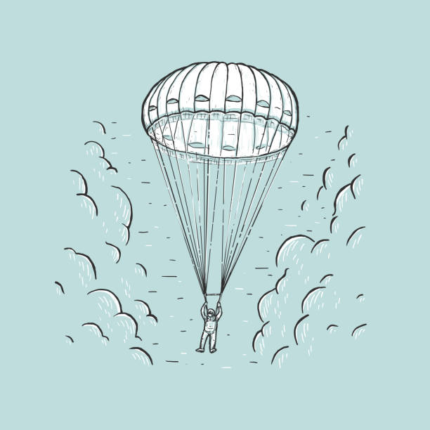 Sketch vector illustration with hand drawn skydiver. Parachuting sport concept. Skydiver descending with a parachute. Design on a blue background for t-shirt print, cover, poster, banner