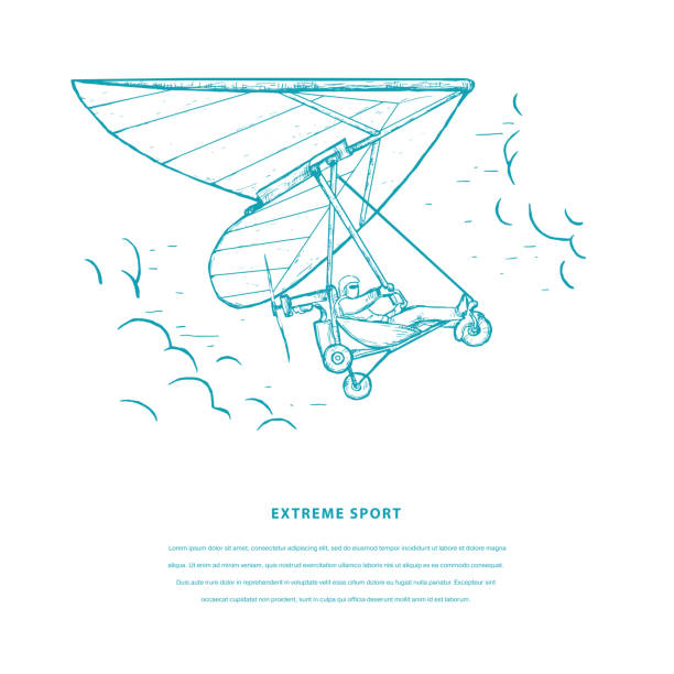 illustrations, cliparts, dessins animés et icônes de modèle de vecteur de croquis de sport extrême. homme volant sur le planeur et les nuages de pendaison. - skydiving parachute hang glider silhouette