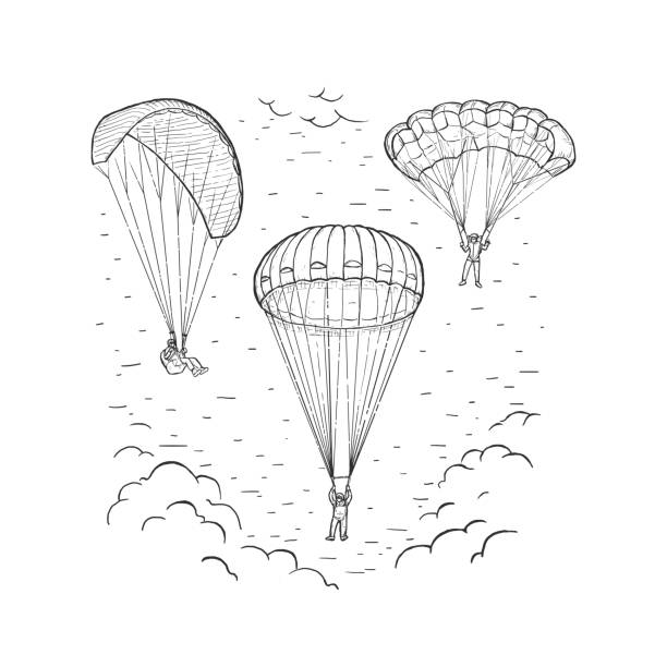 ilustrações, clipart, desenhos animados e ícones de ilustração vetorial de esboço com paraquedistas desenhados à mão voando com um parapente e paraquedas. - airplane sky extreme sports men
