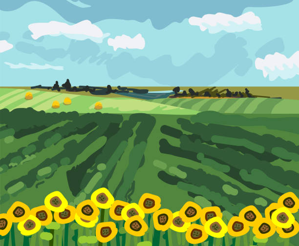 istock Landscape with green field, yellow sunflowers and blue sky in impressionistic manner 1208635564