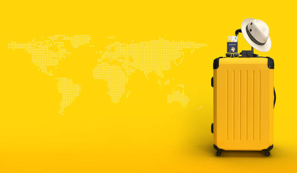istock Yellow suitcase with passport 3d render illustration for traveler 1208638679